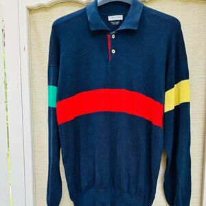Vintage 80s Collared Knit Shirt Navy Red Green Yellow Business Casual Men's XL